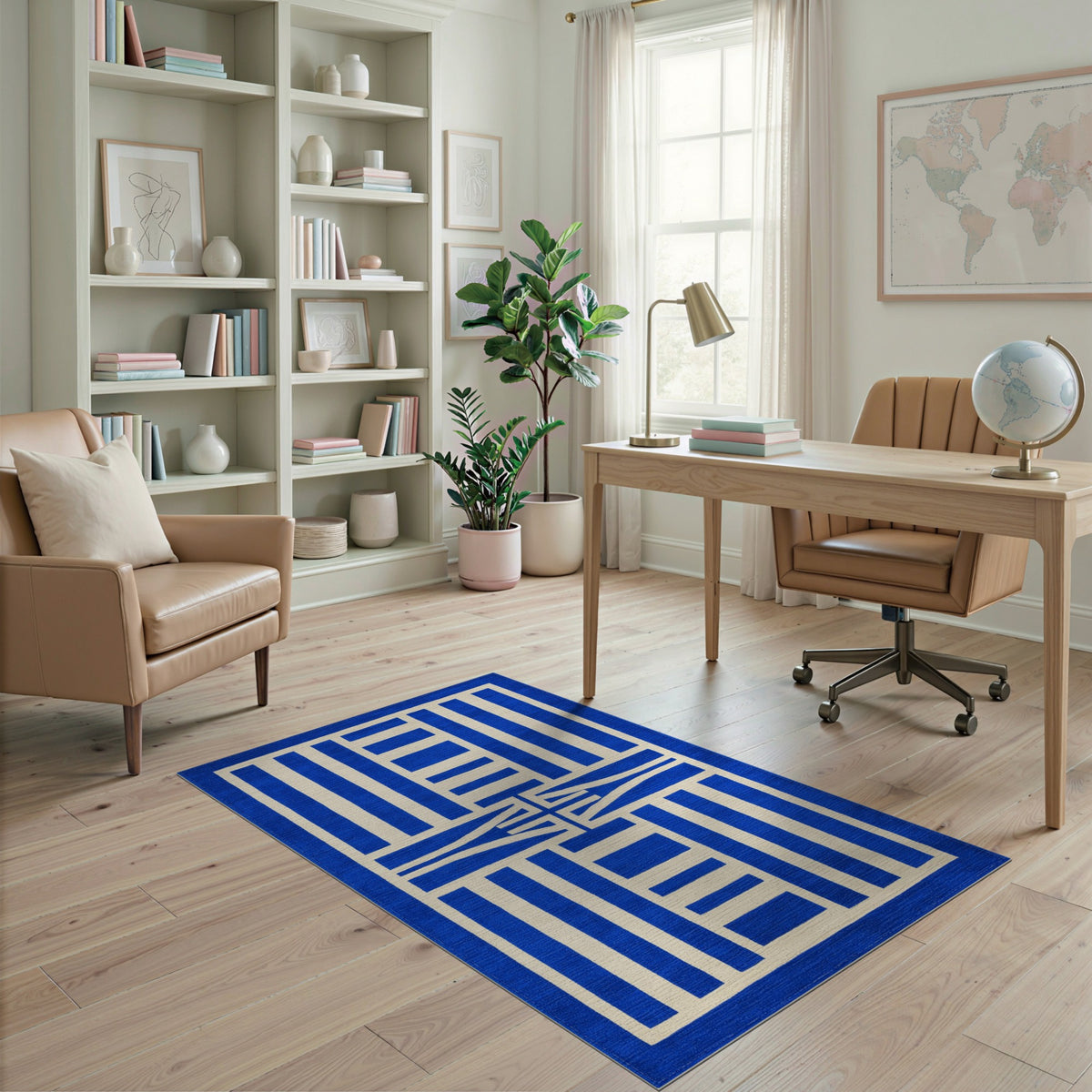 Blue Geometric Area Rug with Ivory Accents
