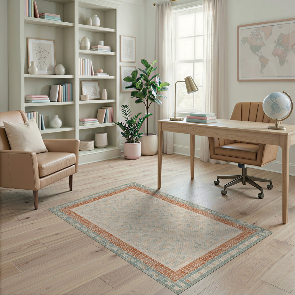 Beige Mosaic Tile Area Rug with Terracotta Border
