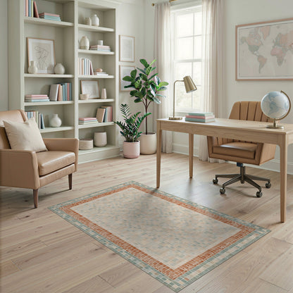 Beige Mosaic Tile Area Rug with Terracotta Border