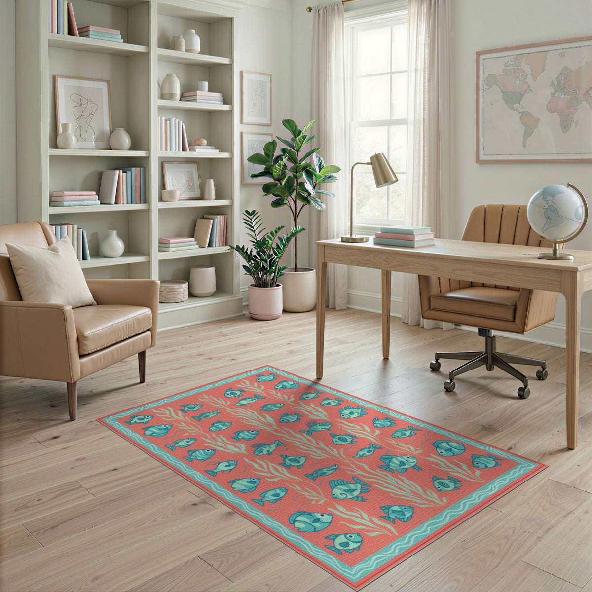 Blue Fish Coral Washable Area Rug