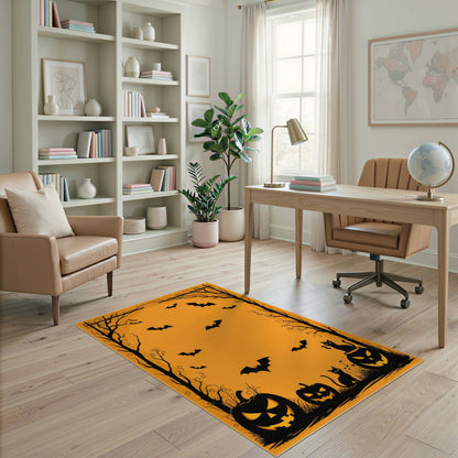 Spooky Orange Halloween Pumpkins Bats Area Rug