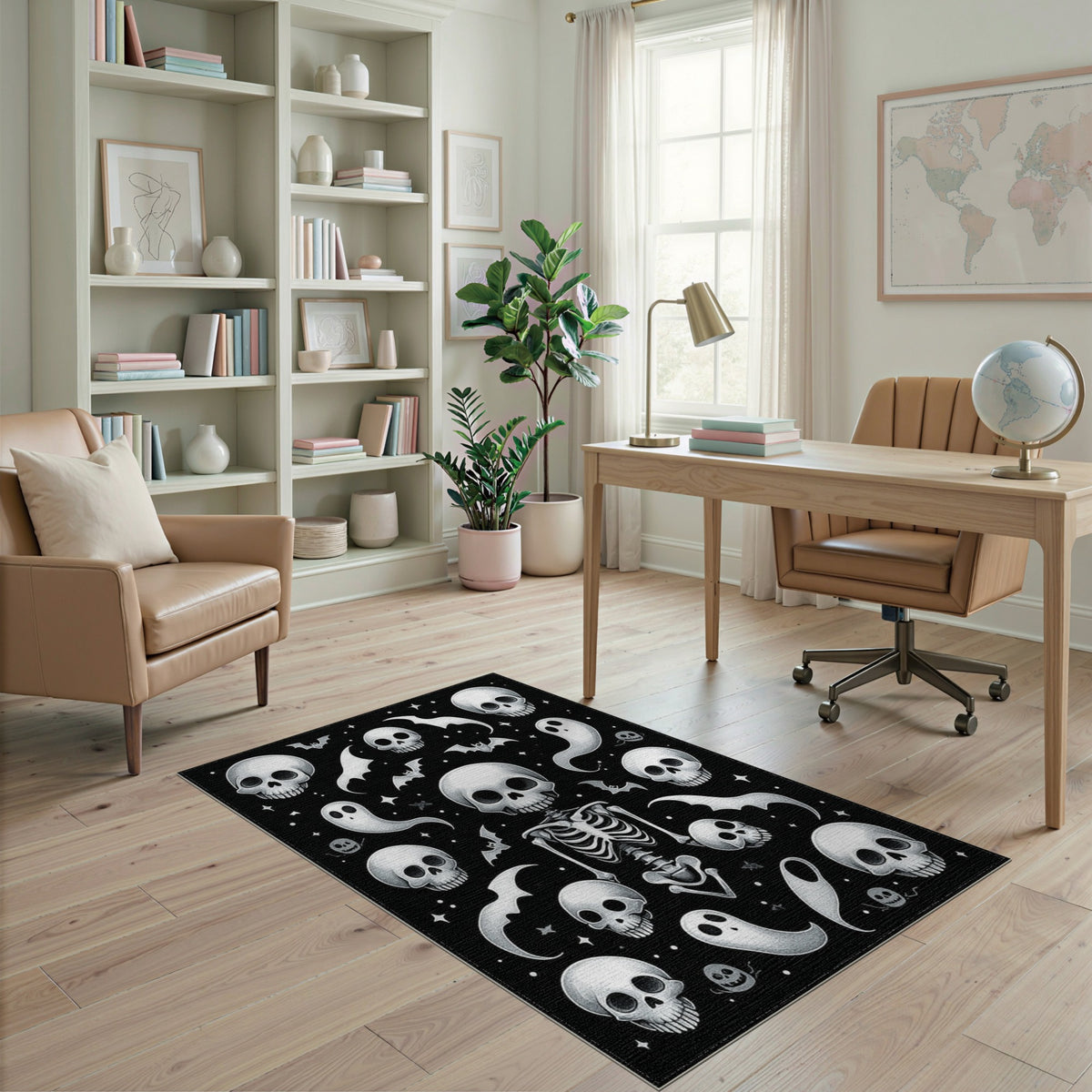 Black White Skeleton Ghost Area Rug