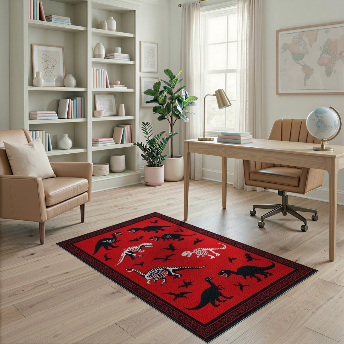 Red Dinosaur Skeleton Kids Area Rug