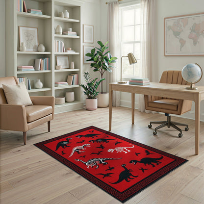 Red Dinosaur Skeleton Kids Area Rug