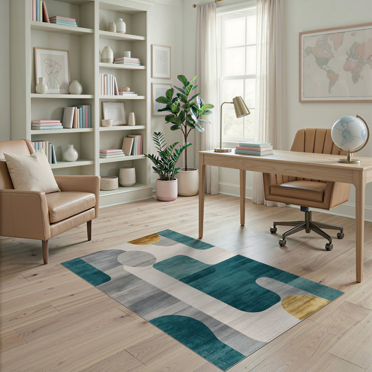 Teal Geometric Area Rug with Gold Accents