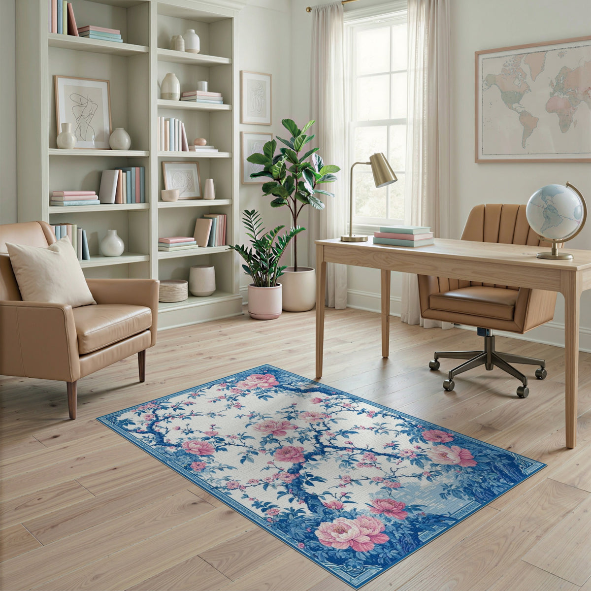 Blue Peony Floral Washable Area Rug