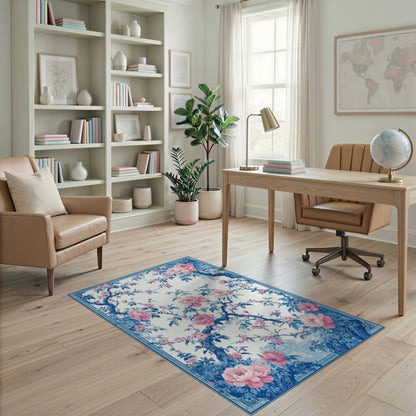Blue Peony Floral Washable Area Rug