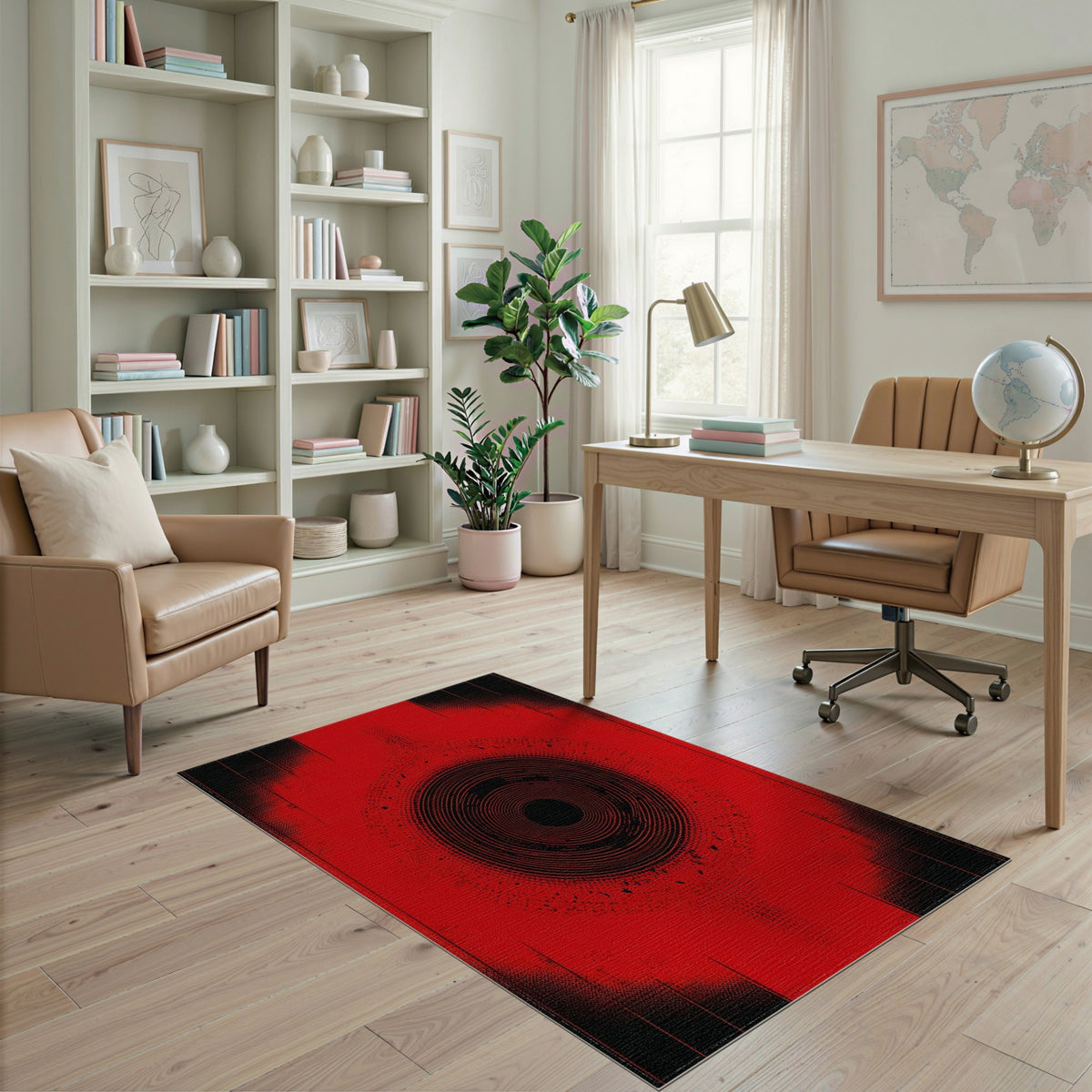 Red Concentric Circle Geometric Area Rug