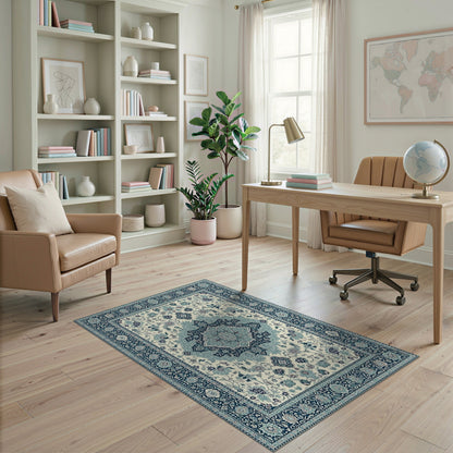 Traditional Persian Blue and Teal Blue Teal Persian Floral Medallion Area Rug