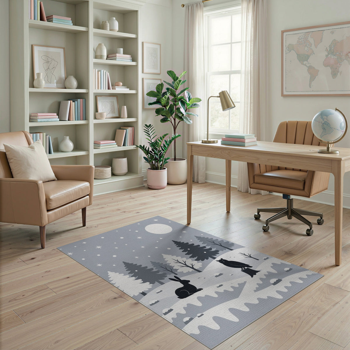 Black White Winter Owl Rabbit Area Rug
