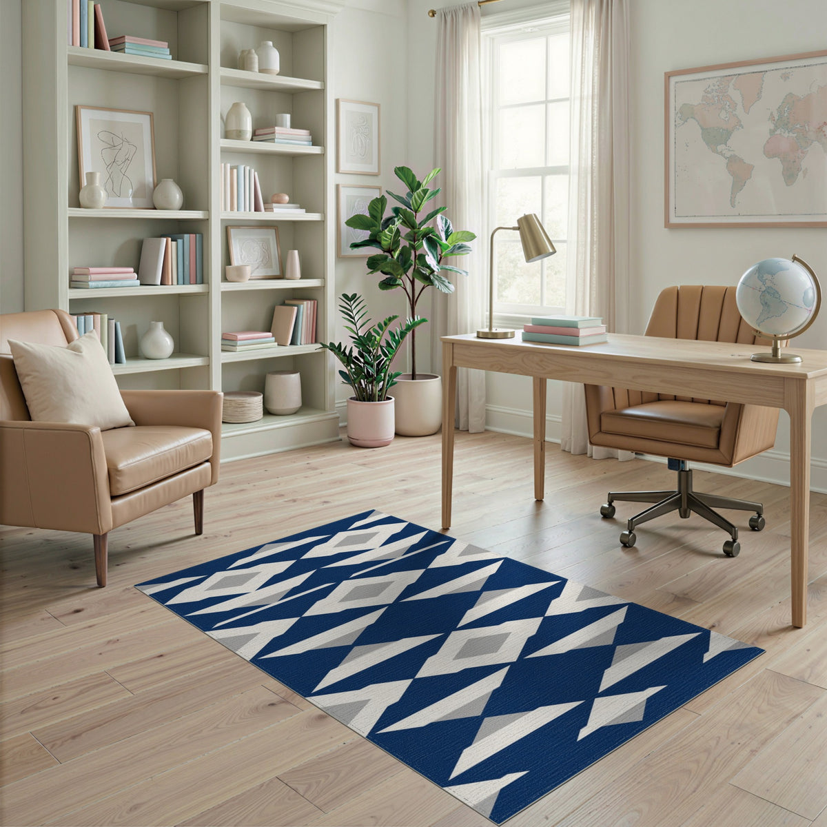 Navy Blue Geometric Diamond Blue and Teal Area Rug