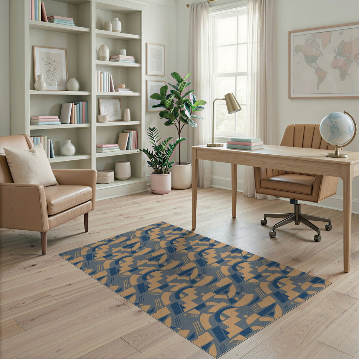 Navy Blue Tan Geometric Area Rug