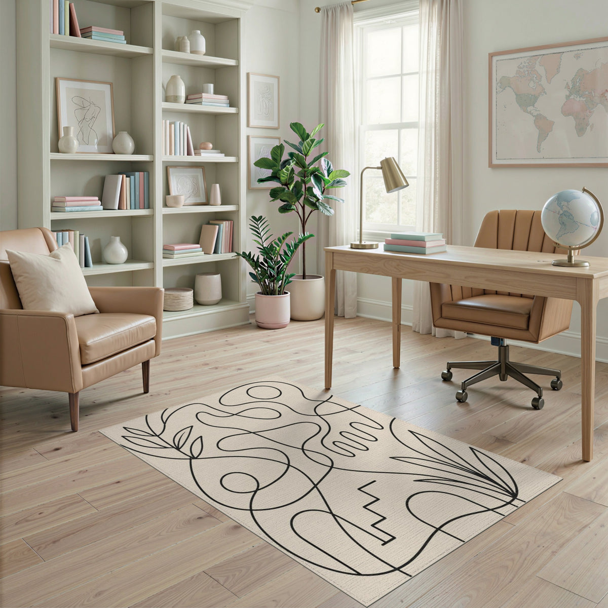 Abstract Area Abstract Line Art Beige Area Rug