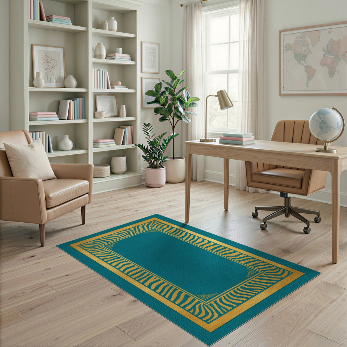 Teal Gold Zebra Border Area Rug