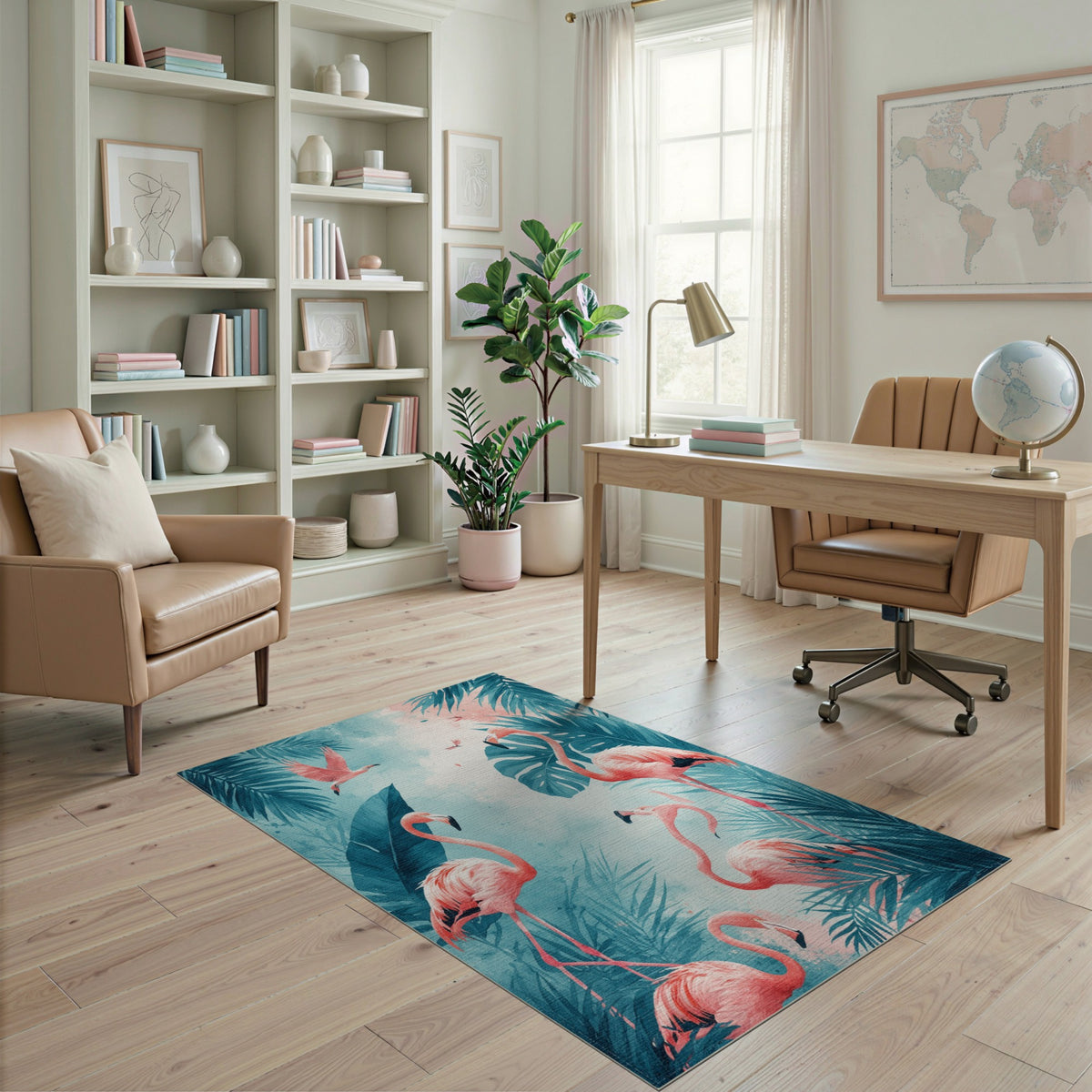 Pink Flamingo Teal Coastal Washable Area Rug