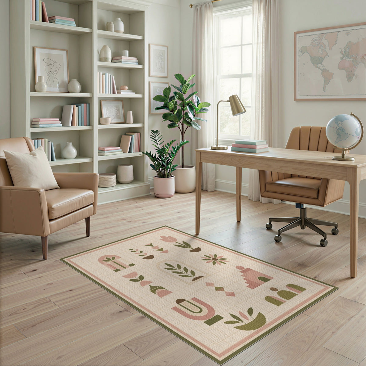 Blush Pink Geometric Plant Motif Area Rug