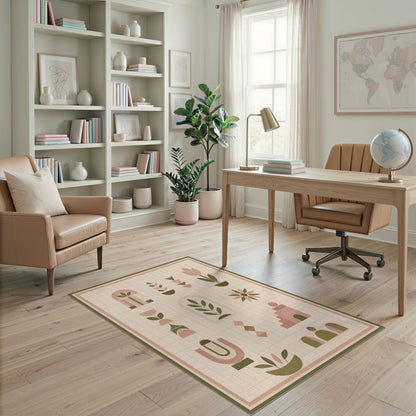 Blush Pink Geometric Plant Motif Area Rug