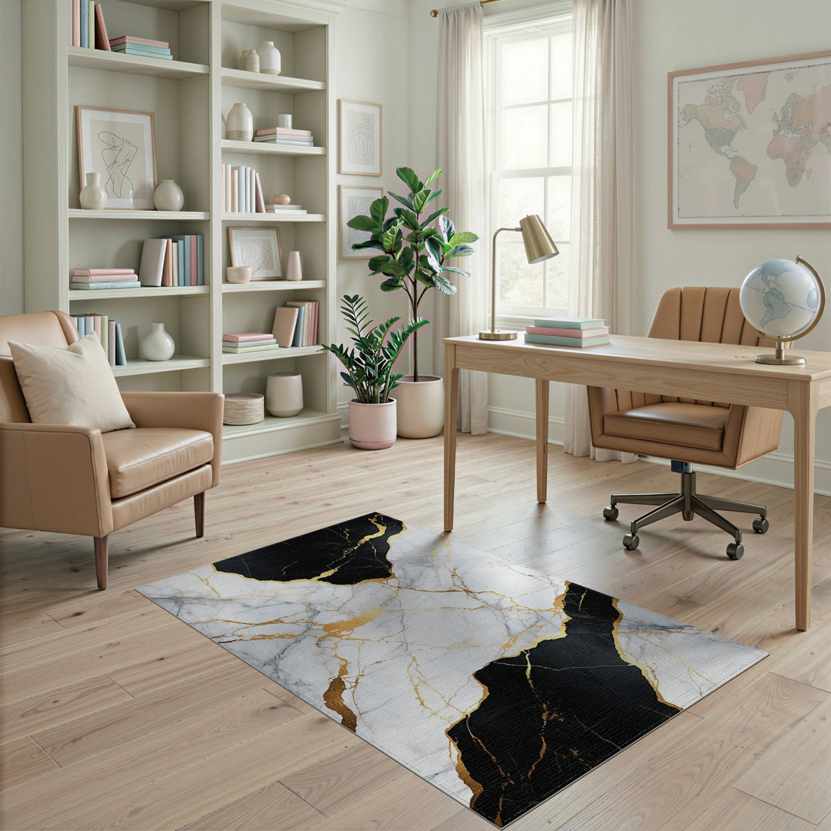 Abstract Area Black White Marble Gold Area Rug