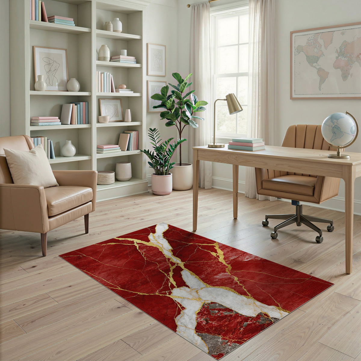 Red Marble Gold Vein Area Rug