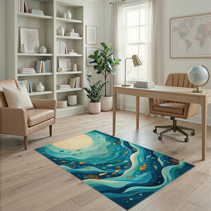 Ocean Wave Fish Blue Teal Area Rug