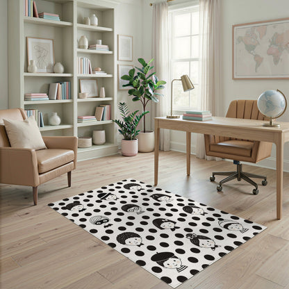 Black White Kids Cartoon Faces Washable Area Rug
