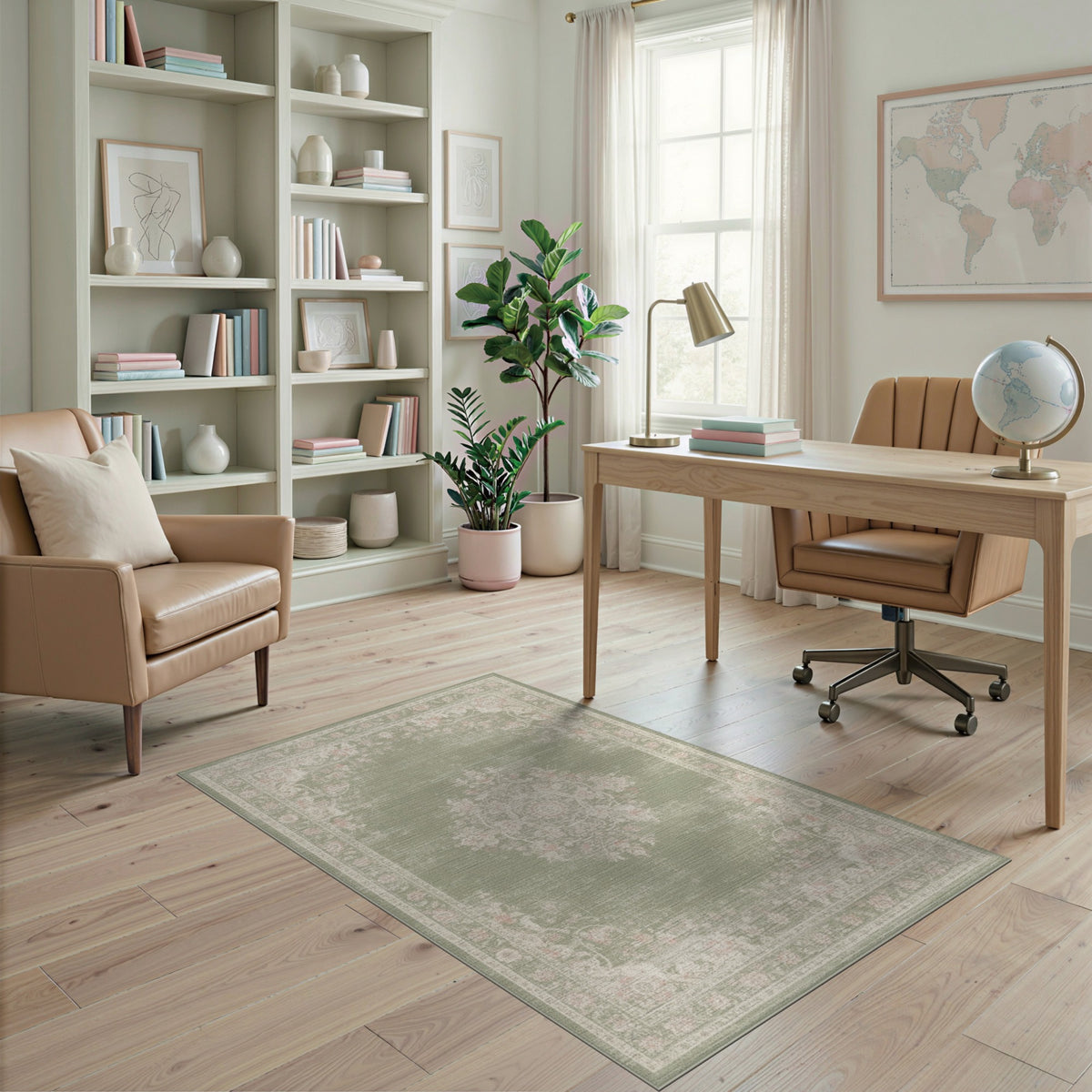 Sage Green Floral Vintage Medallion Area Rug