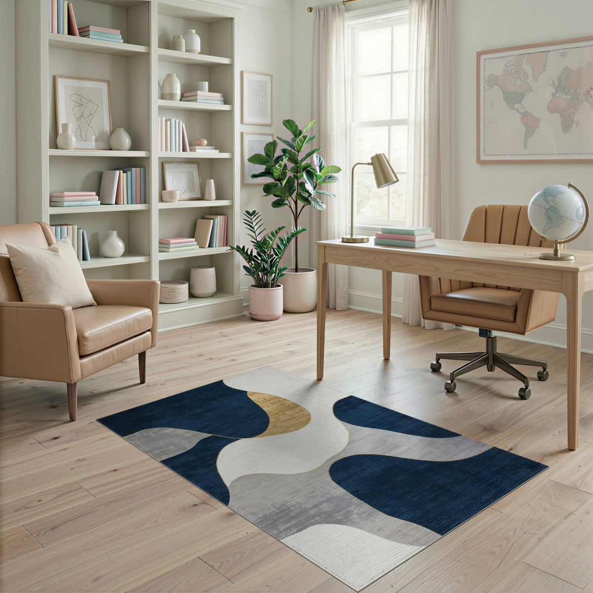 Navy Gold Abstract Wave Area Rug
