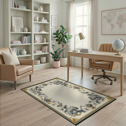 Grey Floral Vintage Border Washable Area Rug