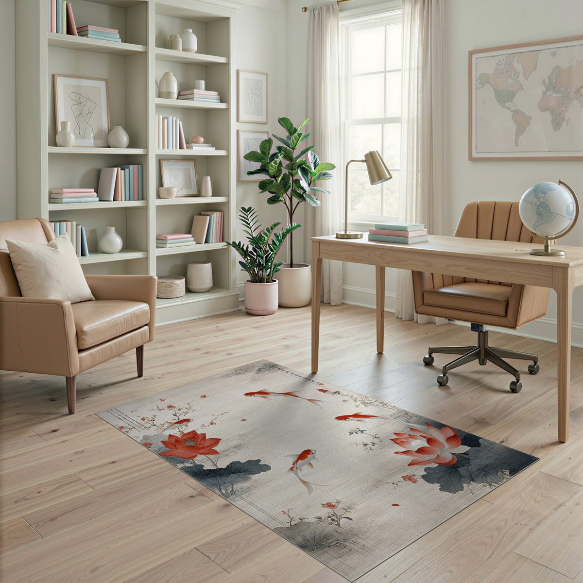 Red Koi Lotus Floral Vintage Area Rug