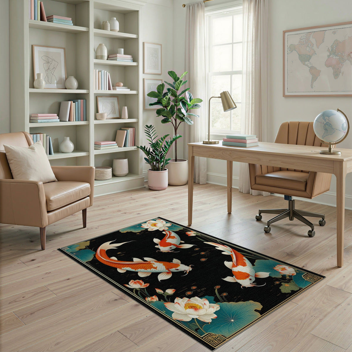 Multi-color and Patterns Koi Fish Lotus Black Area Rug