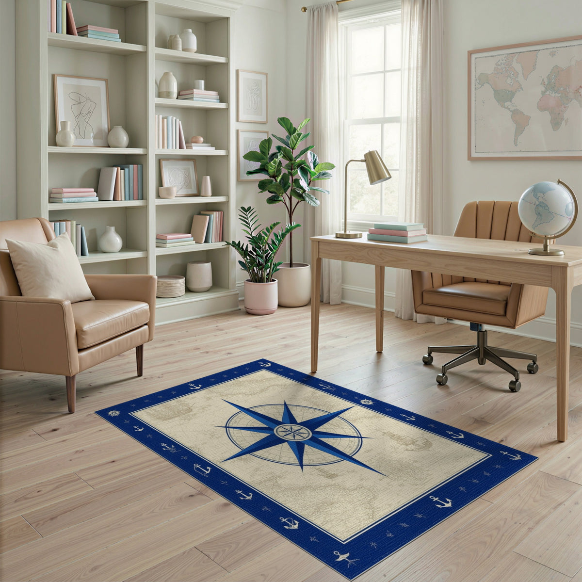 Blue Nautical Compass Vintage Area Rug