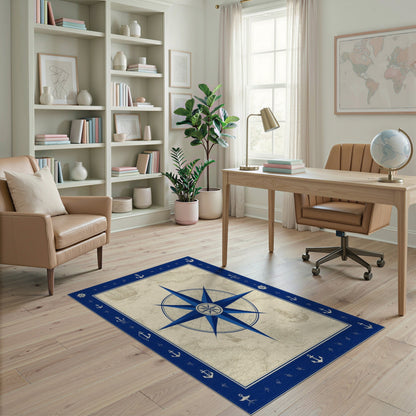 Blue Nautical Compass Vintage Area Rug