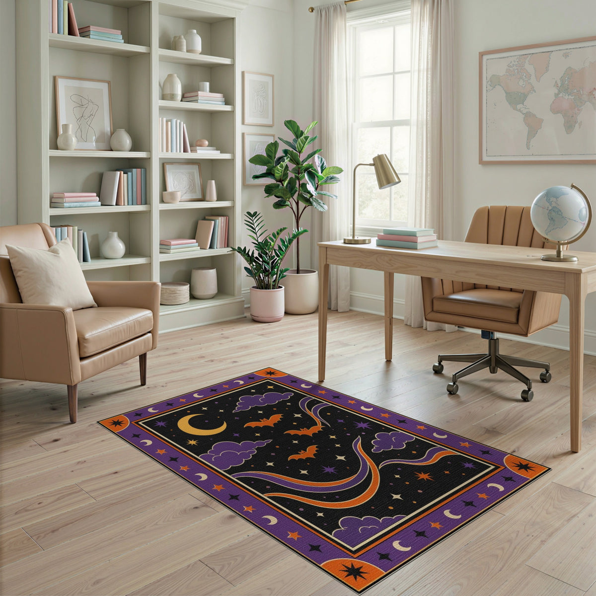 Purple Bats Crescent Moon Kids Area Rug