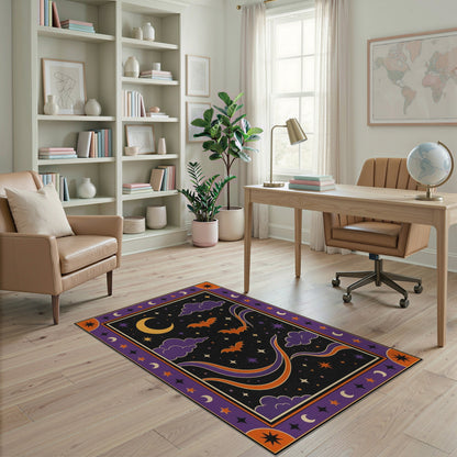 Purple Bats Crescent Moon Kids Area Rug
