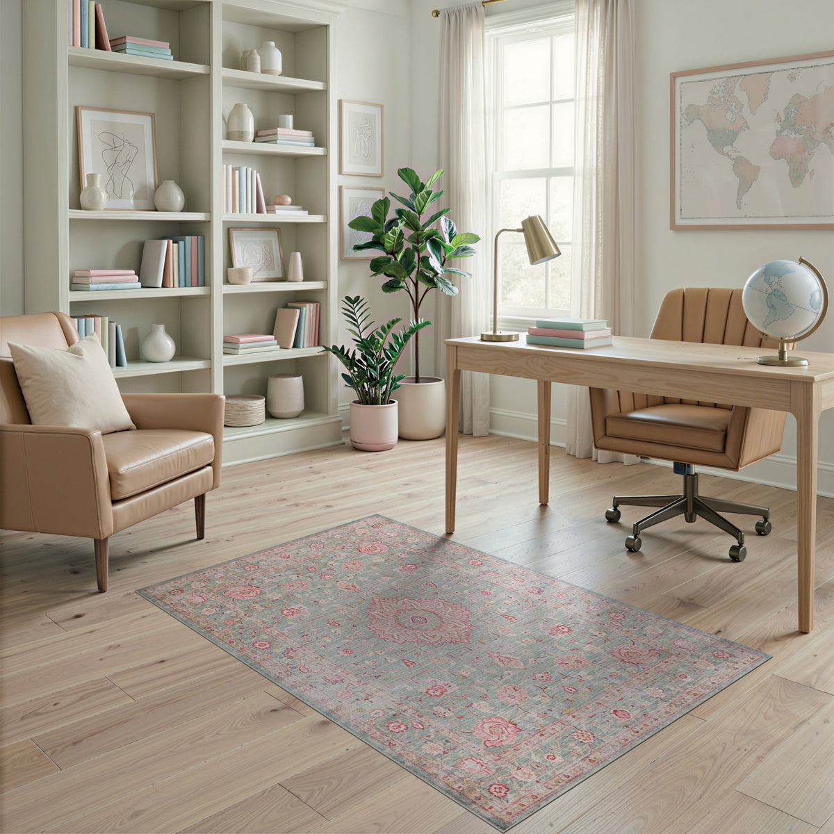Floral Vintage Teal Pink Rose Floral Vintage Area Rug
