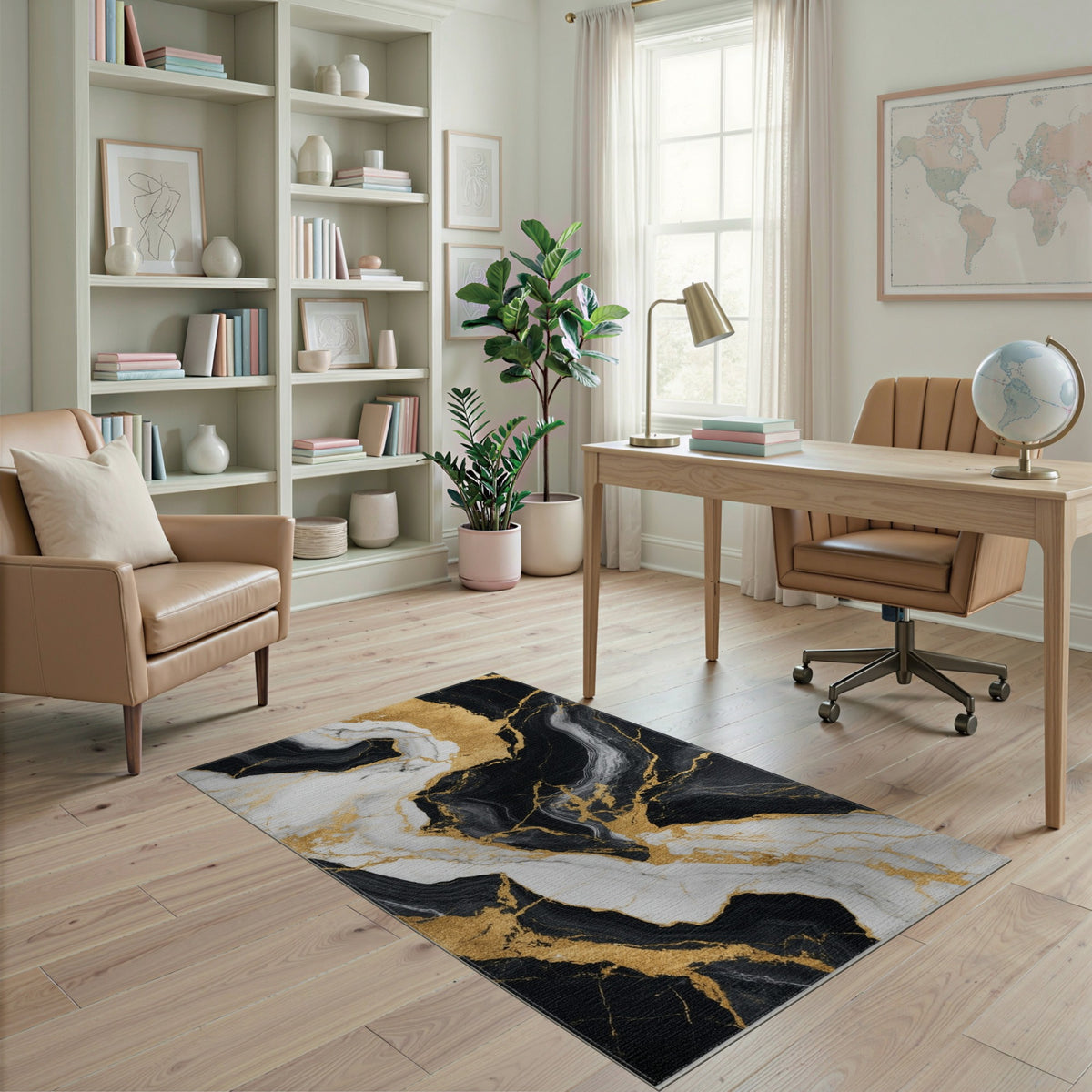 Abstract Area Black and White Black White Gold Marble Area Rug