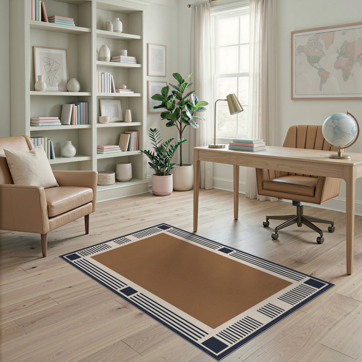 Geometric Brown Navy Border Area Rug