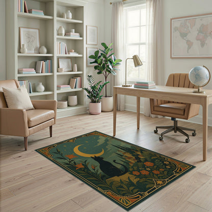 Moonlit Black Cat Floral Vintage Rug