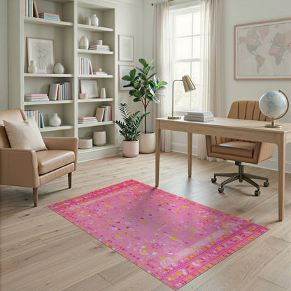 Pink Kids Area Rug with Hearts and Stars
