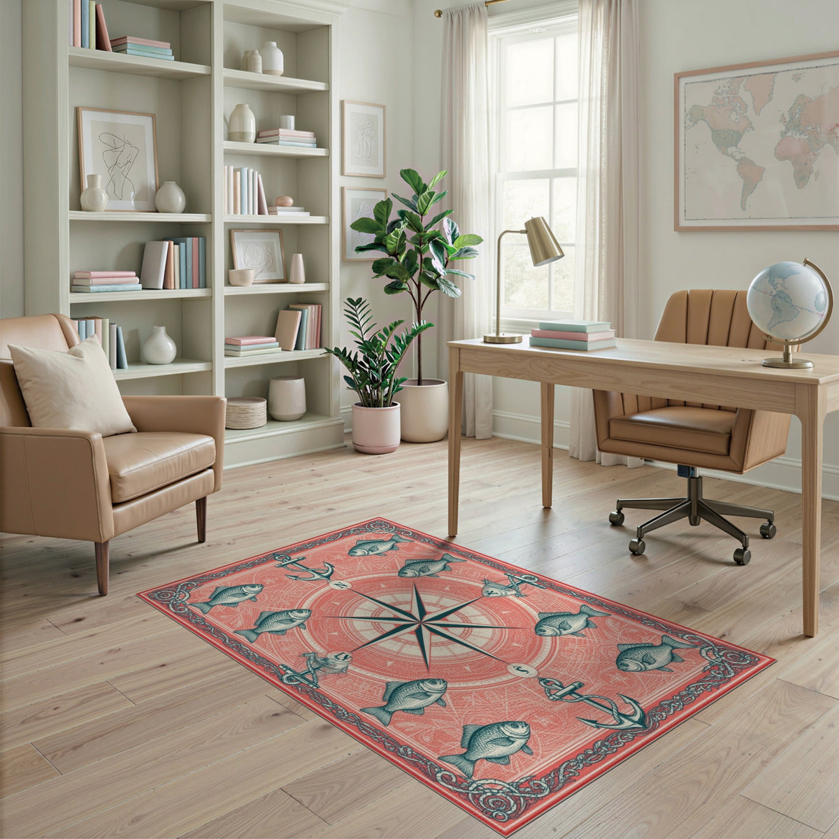 Coastal Beach Red Nautical Compass Anchor Area Rug