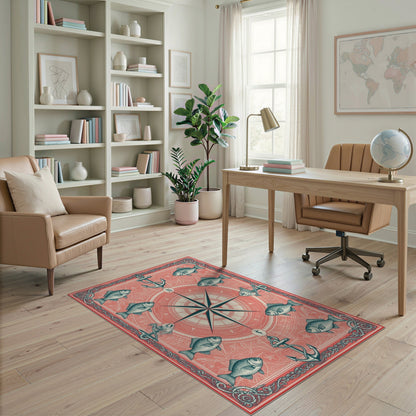 Coastal Beach Red Nautical Compass Anchor Area Rug