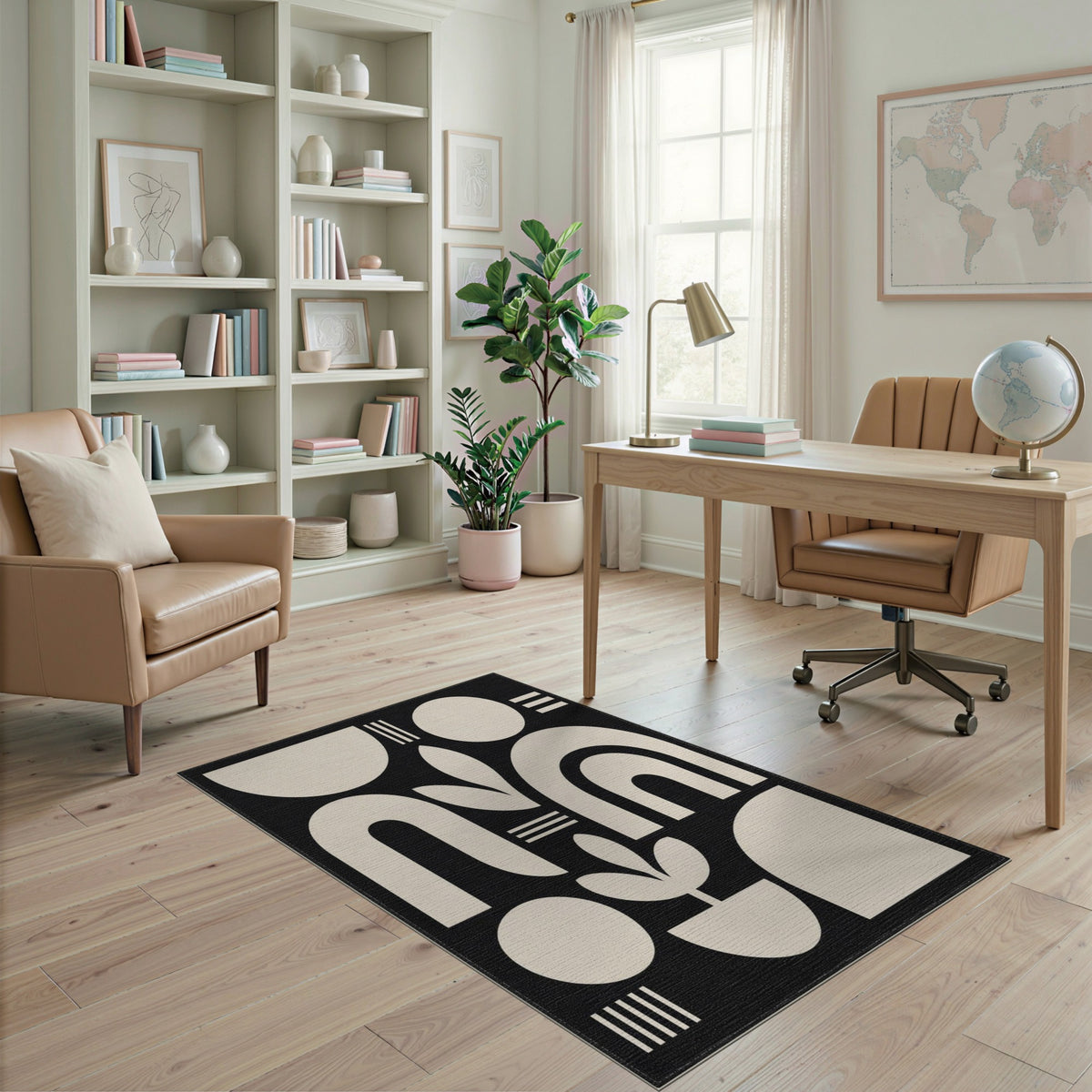 Black White Geometric Botanical Area Rug