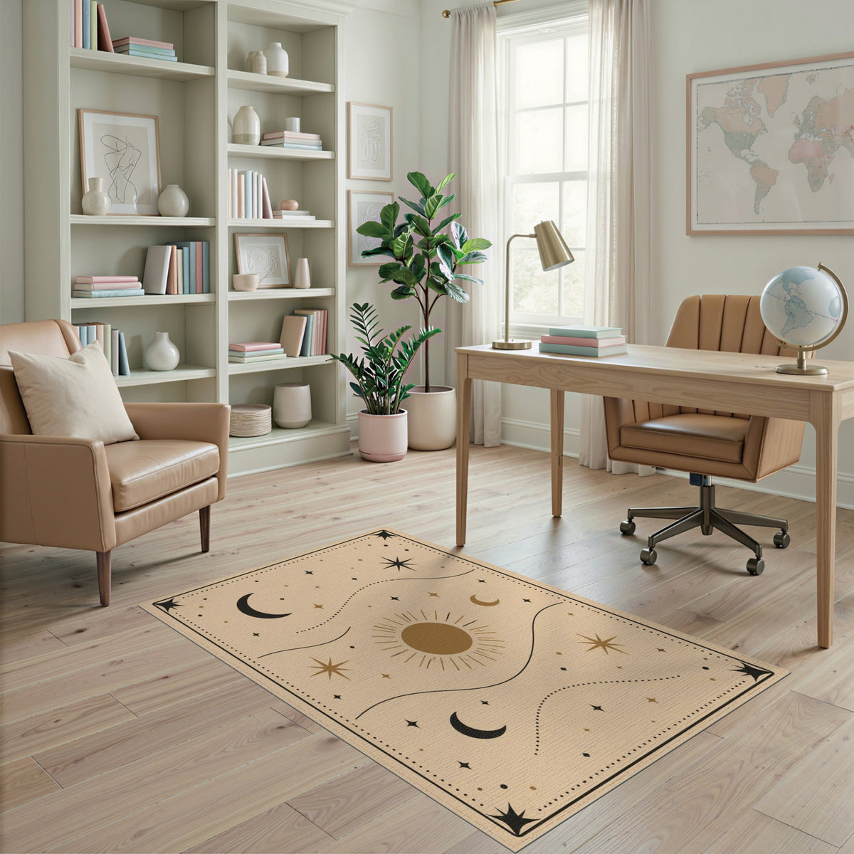 Boho Celestial Beige Area Rug with Sun and Moons