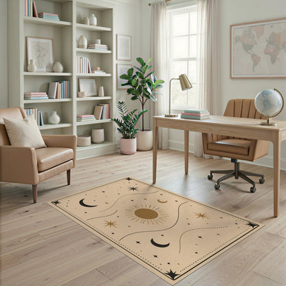 Boho Celestial Beige Area Rug with Sun and Moons
