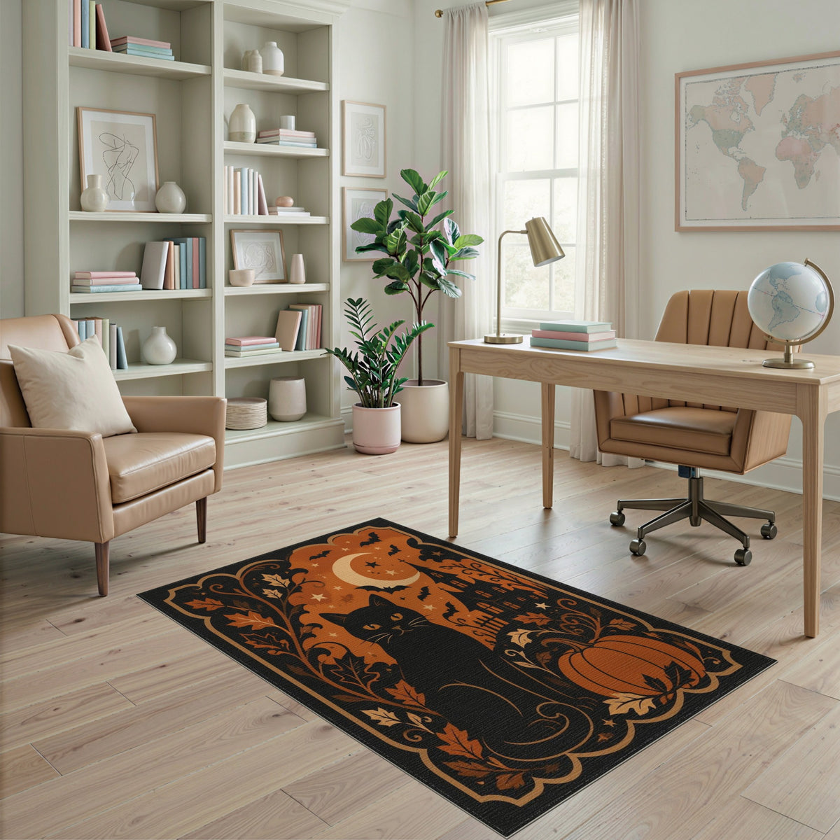 Distressed Vintage Orange Black Cat Pumpkin Halloween Area Rug