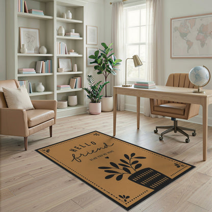 Hello Friend Welcome Area Rug in Brown Tan