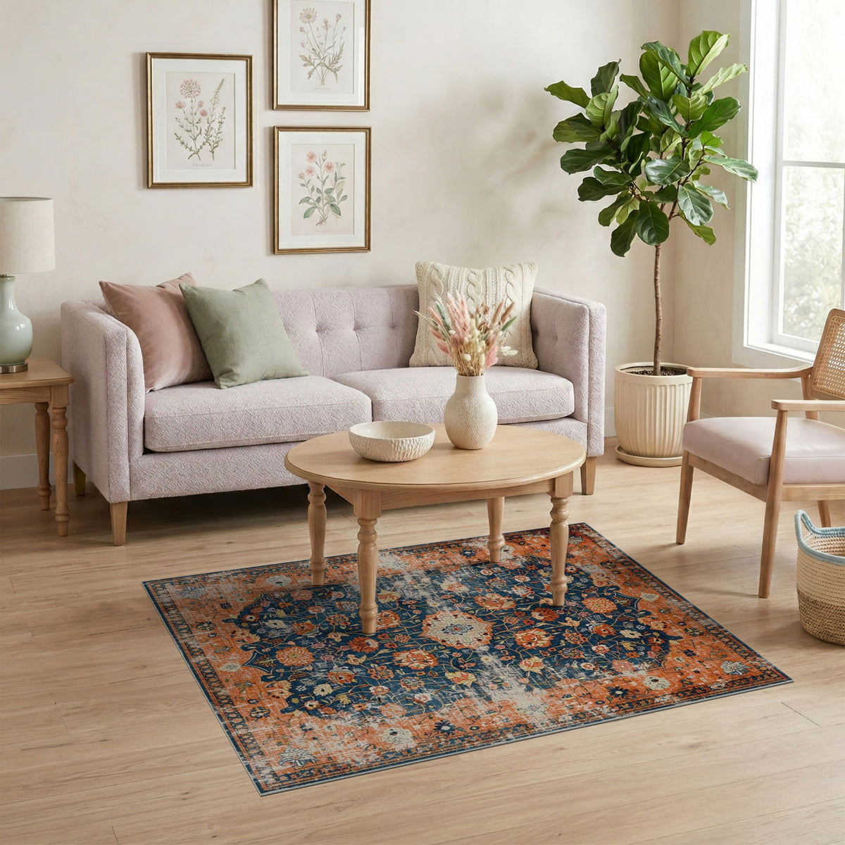 Distressed Orange Floral Vintage Area Rug