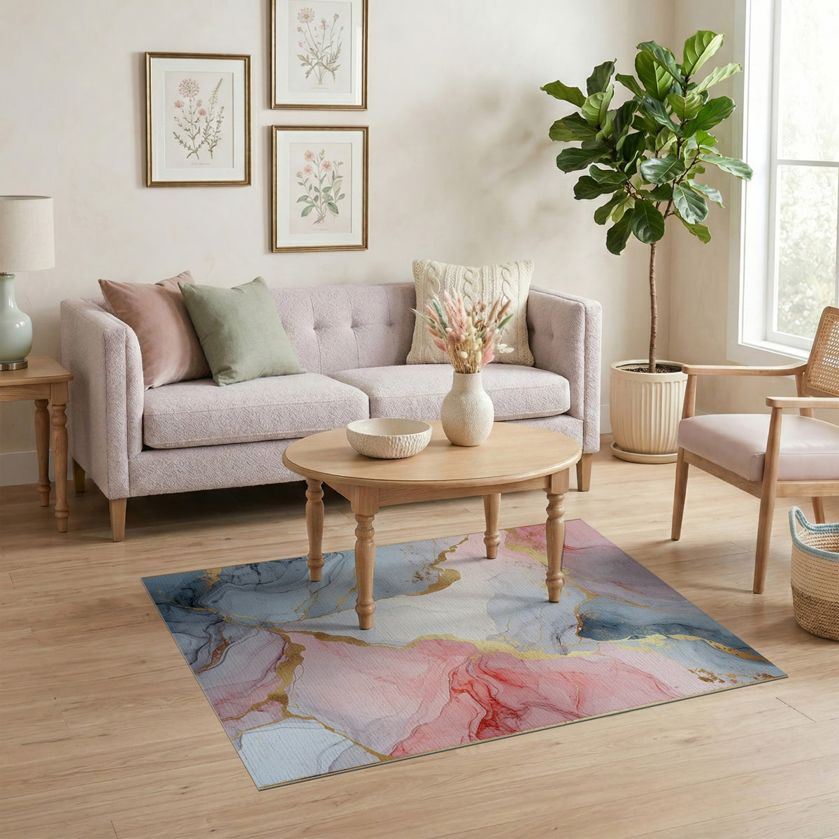 Pink Blue Marble Gold Abstract Area Rug