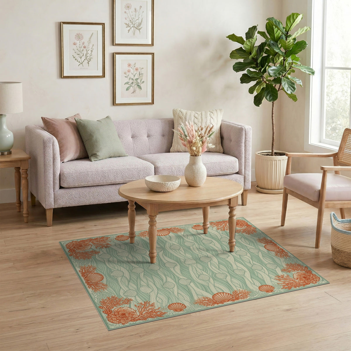 Teal Coastal Seashell Coral Area Rug
