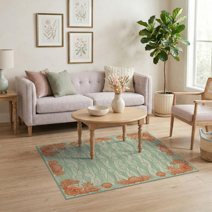 Teal Coastal Seashell Coral Area Rug